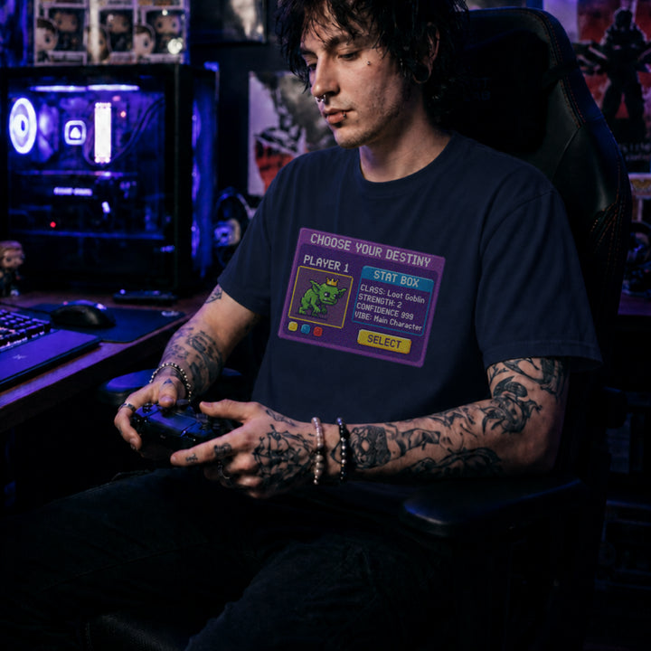Translation missing: en.Navy gamer t-shirt with pixel art "Loot Goblin" stat box showing max confidence and main character energy