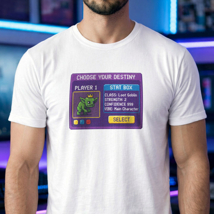 Translation missing: en.White gamer t-shirt with pixel art "Loot Goblin" stat box showing max confidence and main character energy