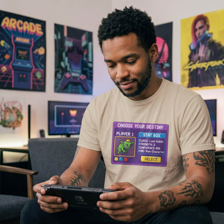 Translation missing: en.Sand gamer t-shirt with pixel art "Loot Goblin" stat box showing max confidence and main character energy