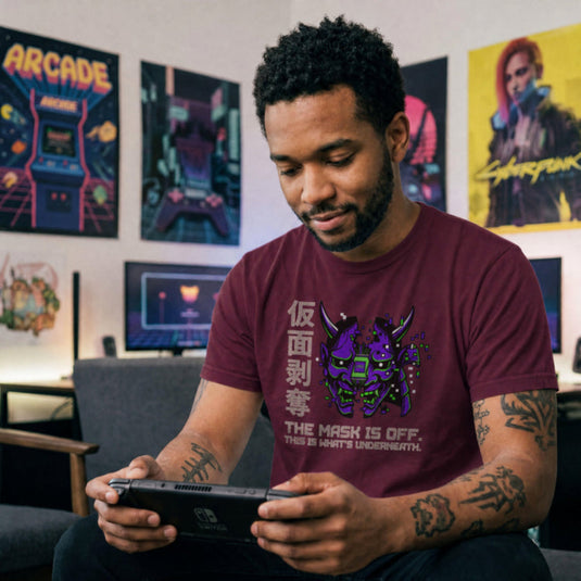 Translation missing: en.Split purple cyber Oni mask maroon  t-shirt with CPU core and text reading The Mask Is Off This Is What's Underneath