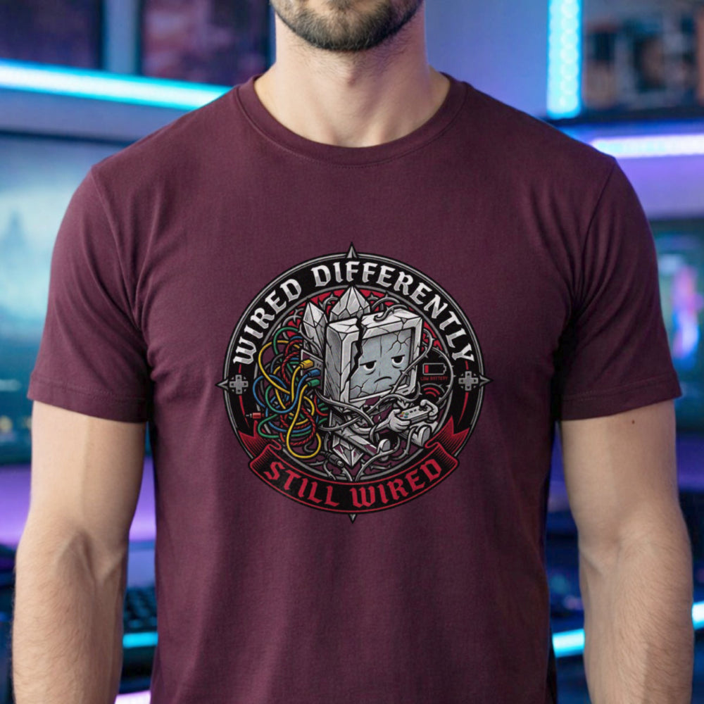 Translation missing: en.Maroon t-shirt with a retro computer monitor character holding a controller surrounded by tangled colorful wires