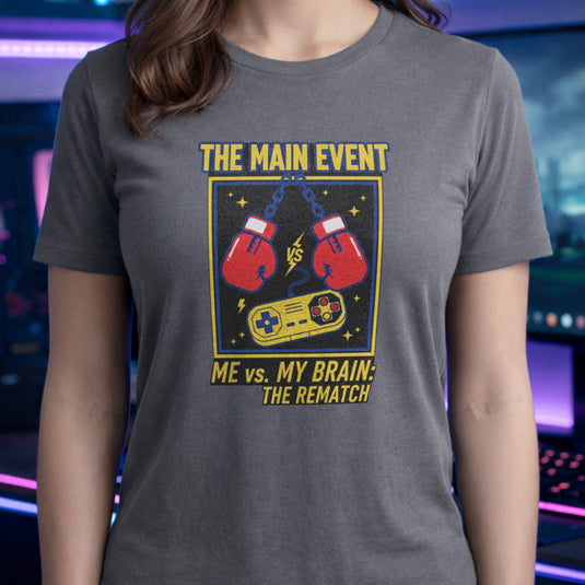 Translation missing: en.Graphite heather tee with boxing gloves and retro controller graphic, text reading The Main Event Me vs. My Brain: The Rematch