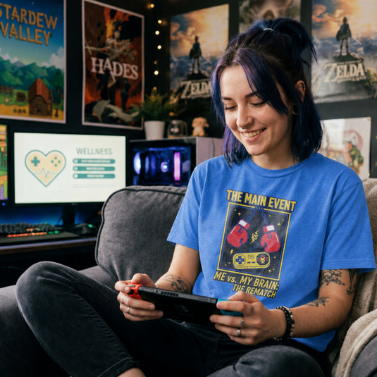 Translation missing: en.Heather royal tee with boxing gloves and retro controller graphic, text reading The Main Event Me vs. My Brain: The Rematch