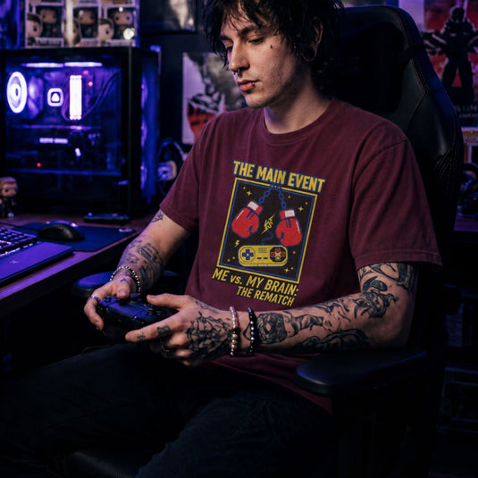 Translation missing: en.Alt n Vibe maroon tee with boxing gloves and retro controller graphic, text reading The Main Event Me vs. My Brain: The Rematch 