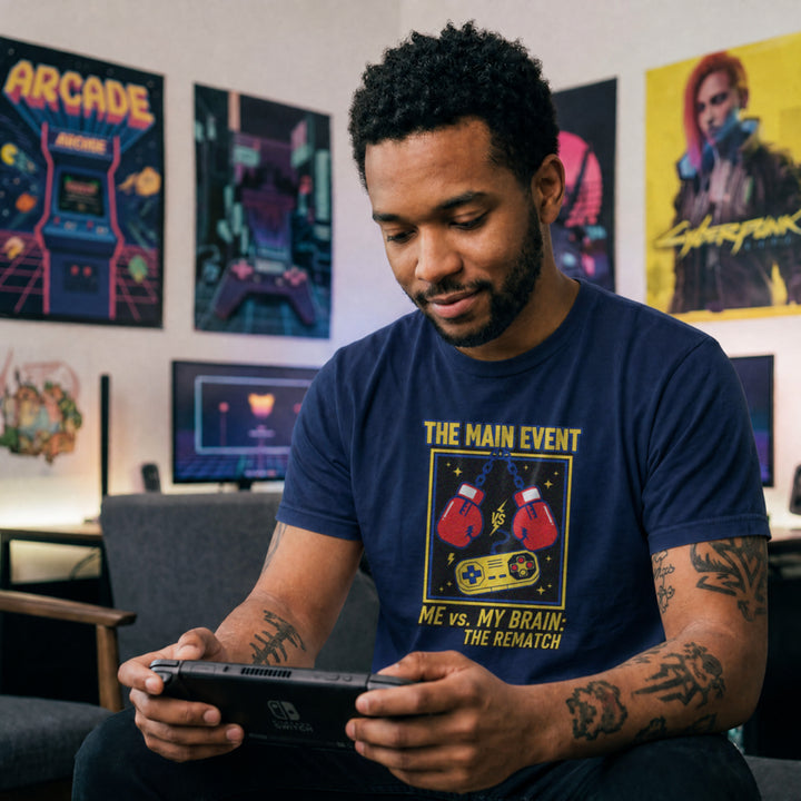 Translation missing: en.Navy tee with boxing gloves and retro controller graphic, text reading The Main Event Me vs. My Brain: The Rematch