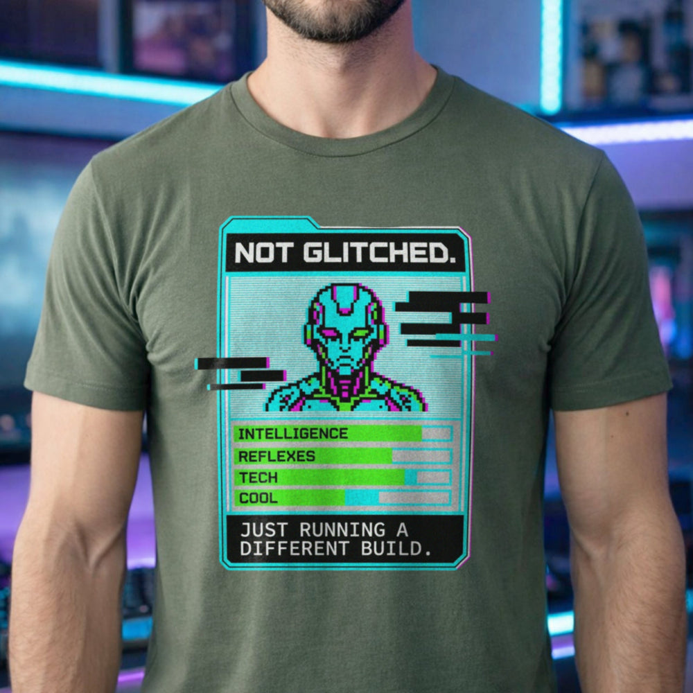 Translation missing: en.Military green men's heavy cotton t-shirt with pixel art cyborg stat card reading Not Glitched