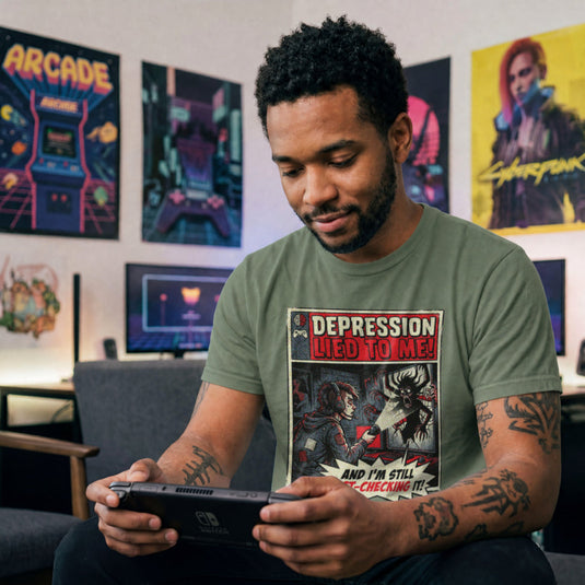 Translation missing: en.Vintage comic art military green gamer tee with text 'Depression lied to me, I'm still fact-checking it' shining light at monster