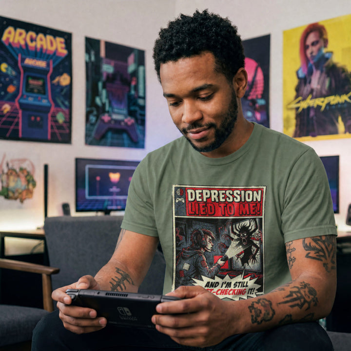 Translation missing: en.Vintage comic art military green gamer tee with text 'Depression lied to me, I'm still fact-checking it' shining light at monster