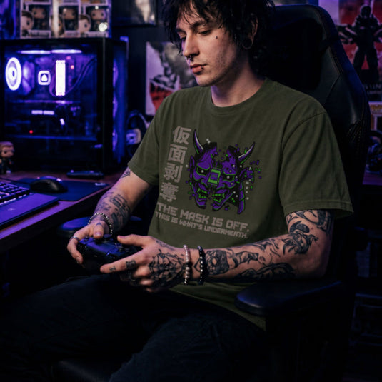 Translation missing: en.Split purple cyber Oni mask military green t-shirt with CPU core and text reading The Mask Is Off This Is What's Underneath
