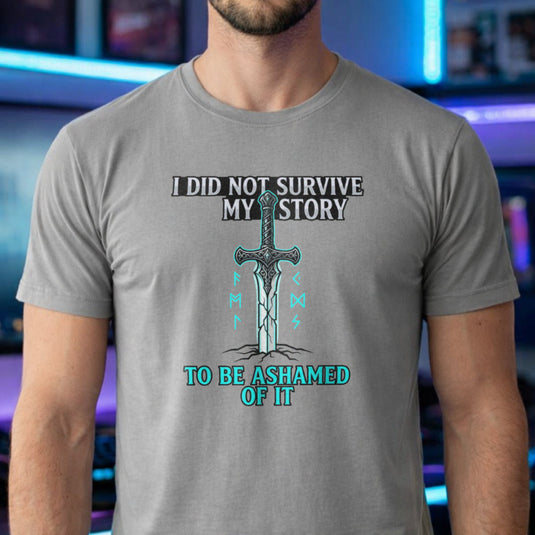 Translation missing: en.Sports grey t-shirt with a fantasy sword in the ground, glowing runes, and a motivational story survivor quote