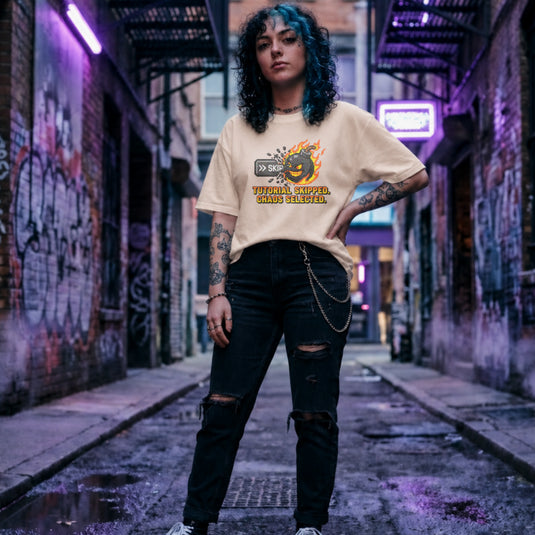 Translation missing: en.Alt n Vibe Tutorial Skipped Chaos Selected natural gamer mental health t-shirt with flaming bomb and skip button graphic
