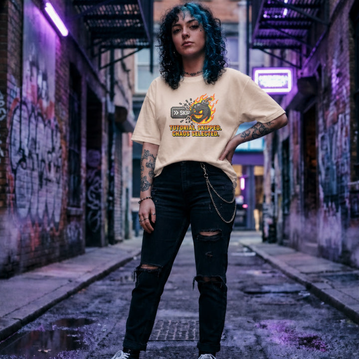 Translation missing: en.Alt n Vibe Tutorial Skipped Chaos Selected natural gamer mental health t-shirt with flaming bomb and skip button graphic