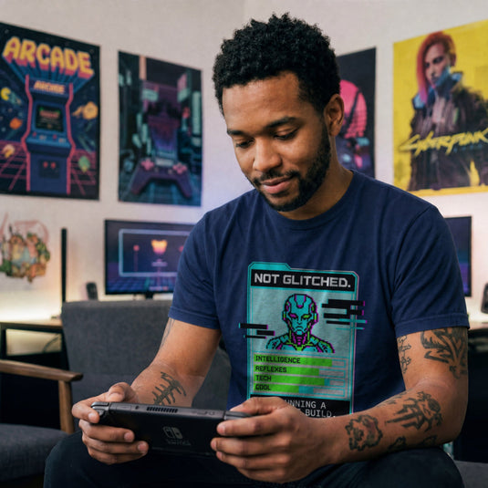 Translation missing: en.Navy men's heavy cotton t-shirt with pixel art cyborg stat card reading Not Glitched