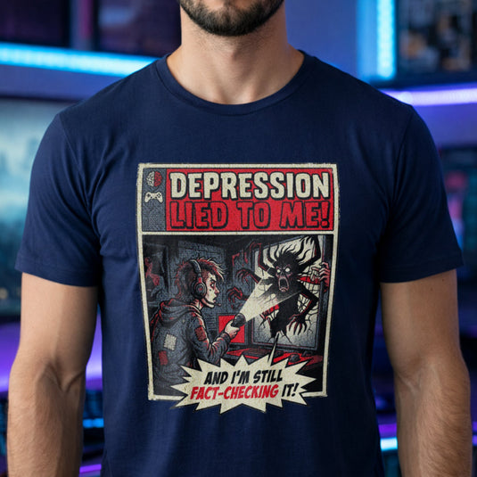 Translation missing: en.Vintage comic art navy gamer tee with text 'Depression lied to me, I'm still fact-checking it' shining light at monster