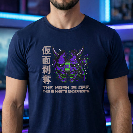 Translation missing: en.Split purple cyber Oni mask navy  t-shirt with CPU core and text reading The Mask Is Off This Is What's Underneath