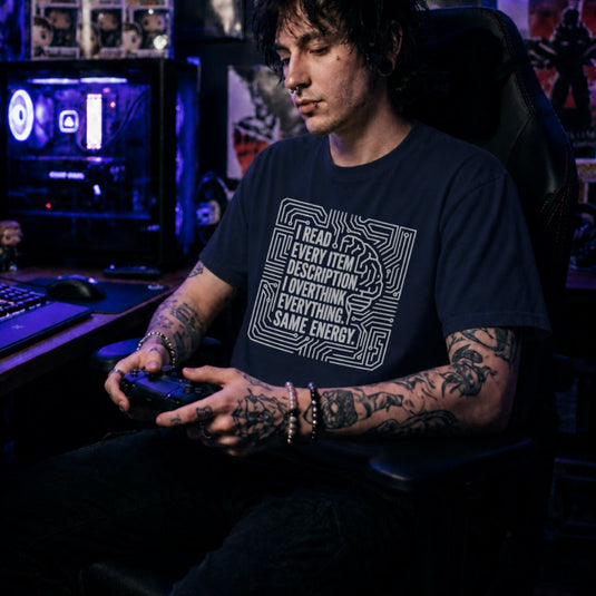 Translation missing: en.Navy t-shirt with circuit board brain graphic and text: I read every item description. I overthink everything