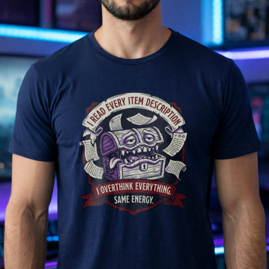 Translation missing: en.Navy t-shirt with an RPG mimic chest graphic surrounded by scrolls reading I Read Every Item Description