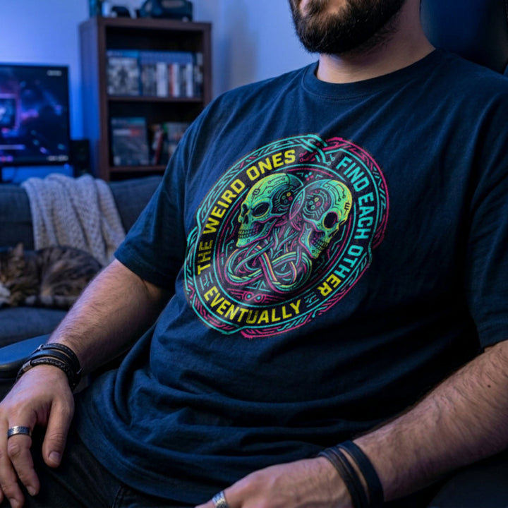 Translation missing: en.Navy t-shirt with neon cyber skulls emblem and text: The weird ones find each other eventually gaming graphic