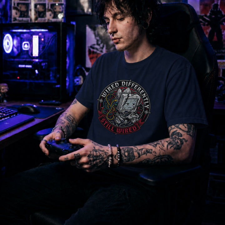 Translation missing: en.Navy t-shirt with a retro computer monitor character holding a controller surrounded by tangled colorful wires