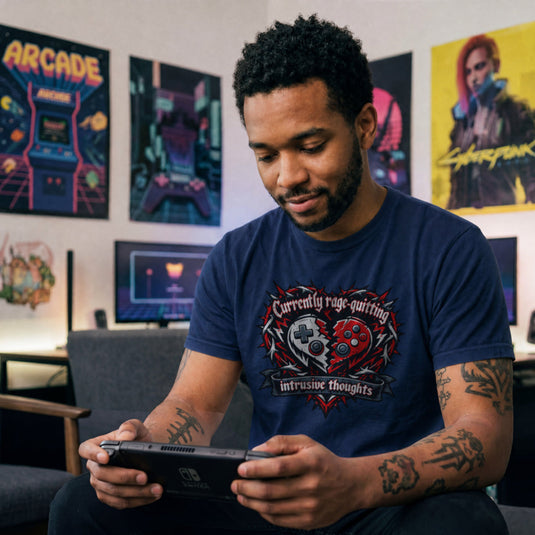 Translation missing: en.Navy t-shirt featuring a broken controller heart with text: Currently rage-quitting intrusive thoughts