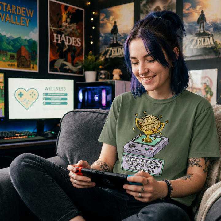 Translation missing: en.Military green t-shirt featuring a retro handheld console with a brain trophy and Peace of Mind achievement text box