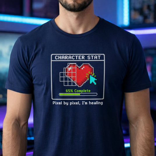 Translation missing: en.Alt n Vibe navy t-shirt with pixel art heart stat box reading 65% Complete and text Pixel by pixel, I'm healing