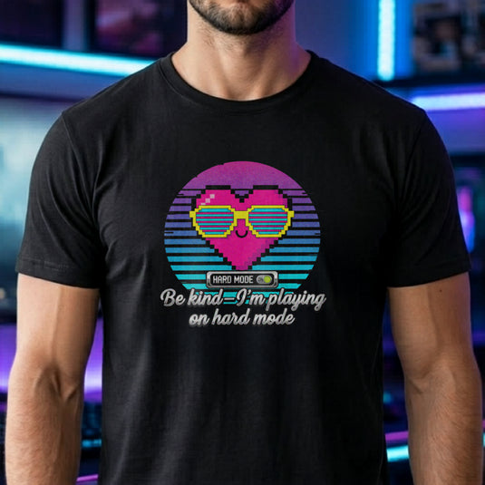 Translation missing: en.Black t-shirt with a retro pixel heart in sunglasses and text Be kind I'm playing on hard mode