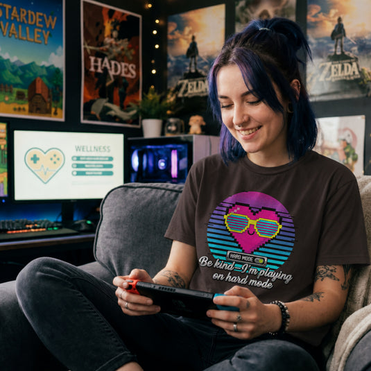 Translation missing: en.Dark Chocolate t-shirt with a retro pixel heart in sunglasses and text Be kind I'm playing on hard mode