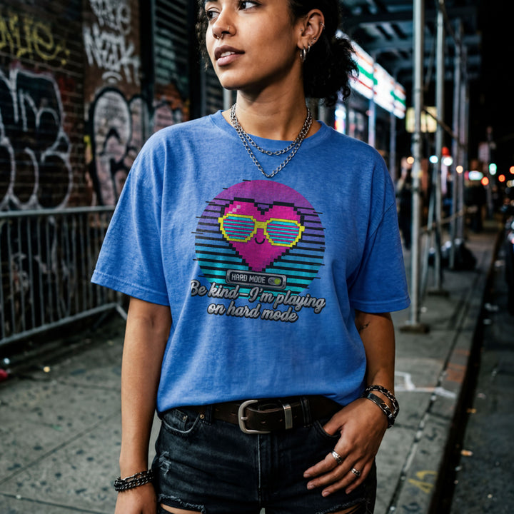 Translation missing: en.Heather royal t-shirt with a retro pixel heart in sunglasses and text Be kind I'm playing on hard mode