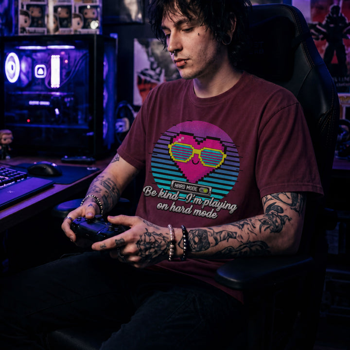 Translation missing: en.Maroon  t-shirt with a retro pixel heart in sunglasses and text Be kind I'm playing on hard mode