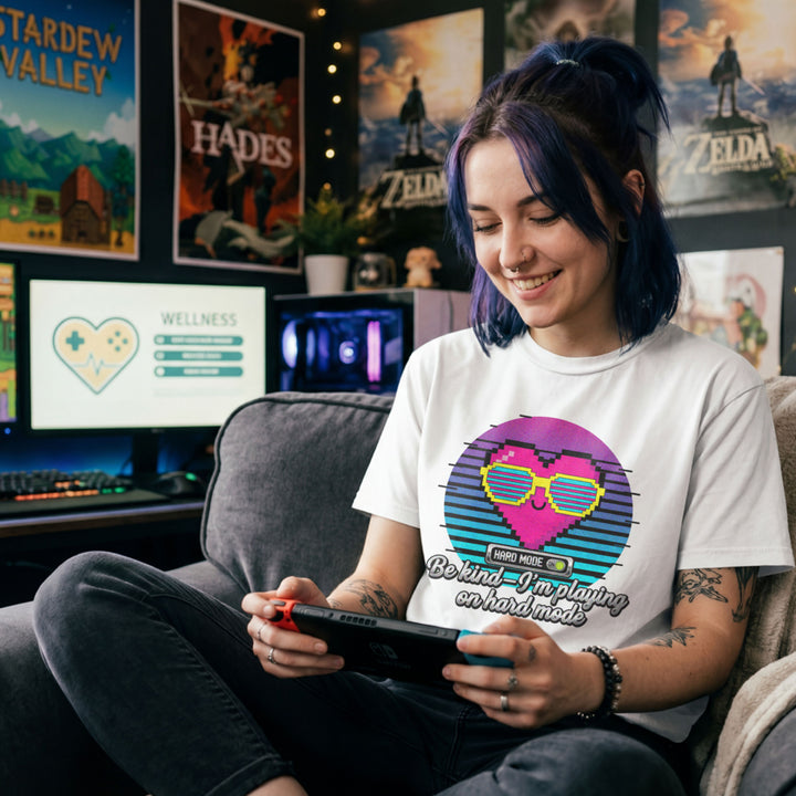 Translation missing: en.White t-shirt with a retro pixel heart in sunglasses and text Be kind I'm playing on hard mode