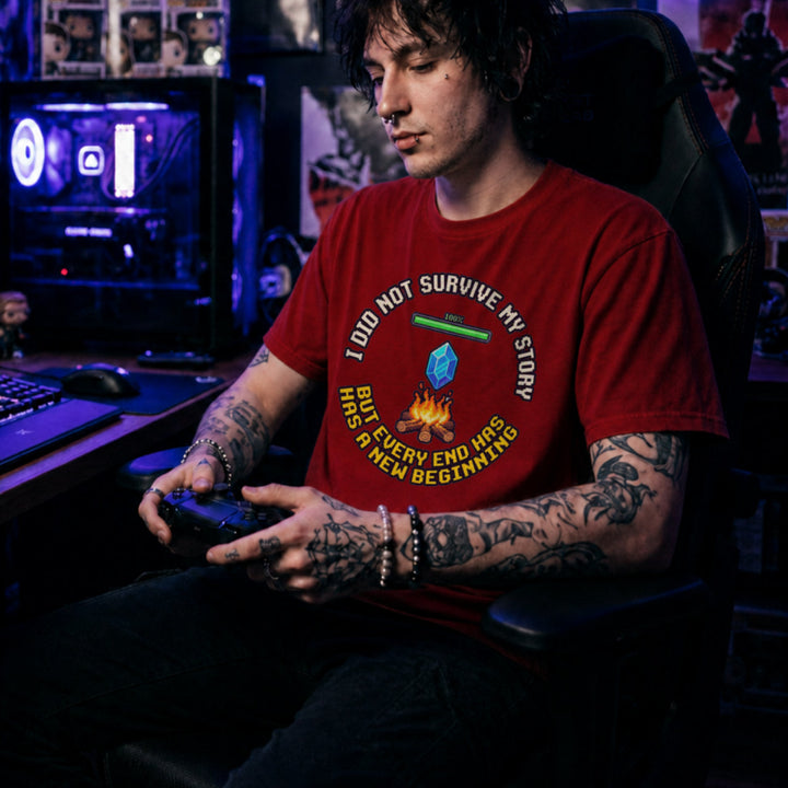 Translation missing: en.Red gamer mental health t-shirt featuring a pixel bonfire checkpoint graphic with a hopeful recovery quote