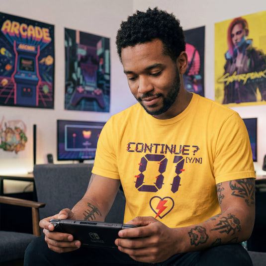 Translation missing: en.Daisy retro arcade t-shirt graphic with a glitch font reading CONTINUE? [Y/N] 01 and a neon lightning bolt heart