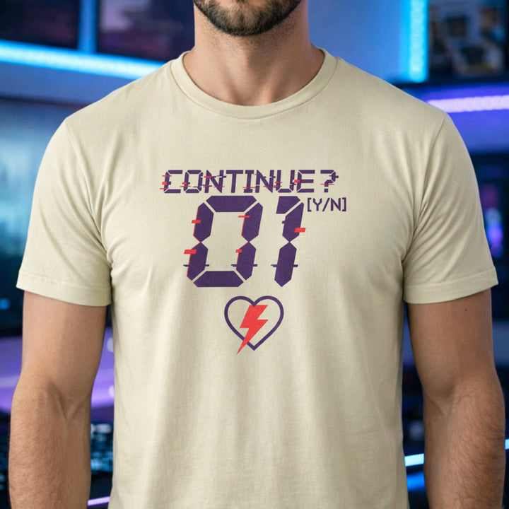 Translation missing: en.Sand retro arcade t-shirt graphic with a glitch font reading CONTINUE? [Y/N] 01 and a neon lightning bolt heart