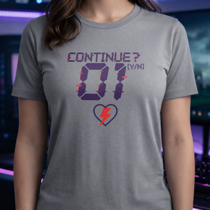 Translation missing: en.Sports grey retro arcade t-shirt graphic with a glitch font reading CONTINUE? [Y/N] 01 and a neon lightning bolt heart