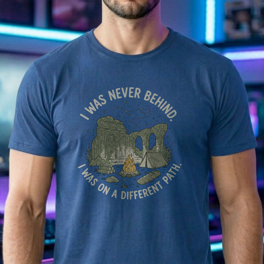Translation missing: en.Royal t-shirt with RPG campfire ruins illustration and text I Was Never Behind I Was On A Different Path