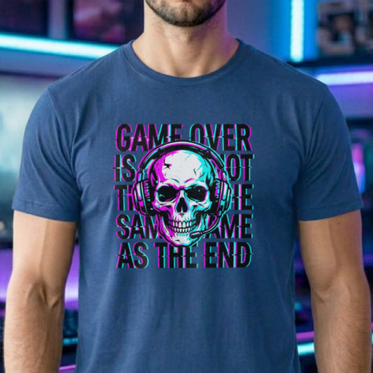 Translation missing: en.Royal t-shirt with a neon glitch skull wearing a headset and text Game Over Is Not The Same As The End