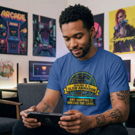 Translation missing: en.Royal t-shirt with yellow and cyan tech HUD UI graphic and text: Healing is a slow animation, skipping it breaks game