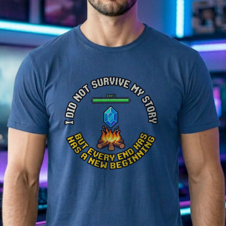 Translation missing: en.Royal gamer mental health t-shirt featuring a pixel bonfire checkpoint graphic with a hopeful recovery quote