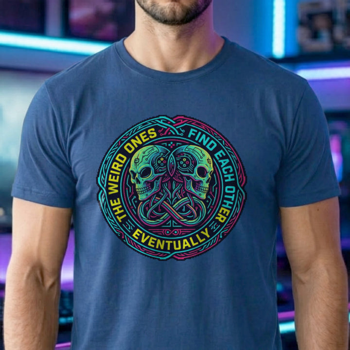 Translation missing: en.Royal t-shirt with neon cyber skulls emblem and text: The weird ones find each other eventually gaming graphic