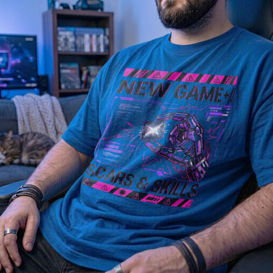Translation missing: en.Royal men's heavy cotton t-shirt featuring a robotic hand microchip design that says Scars &amp; Skills