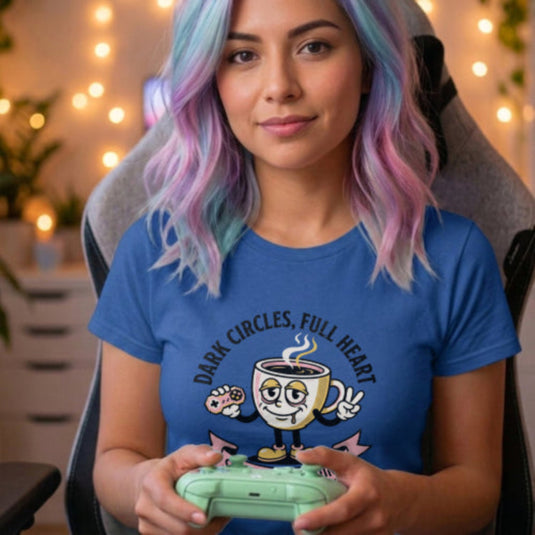 Translation missing: en.Alt n Vibe royal woman's t-shirt with a vintage cartoon coffee mug holding a gaming controller and flashing a peace sign