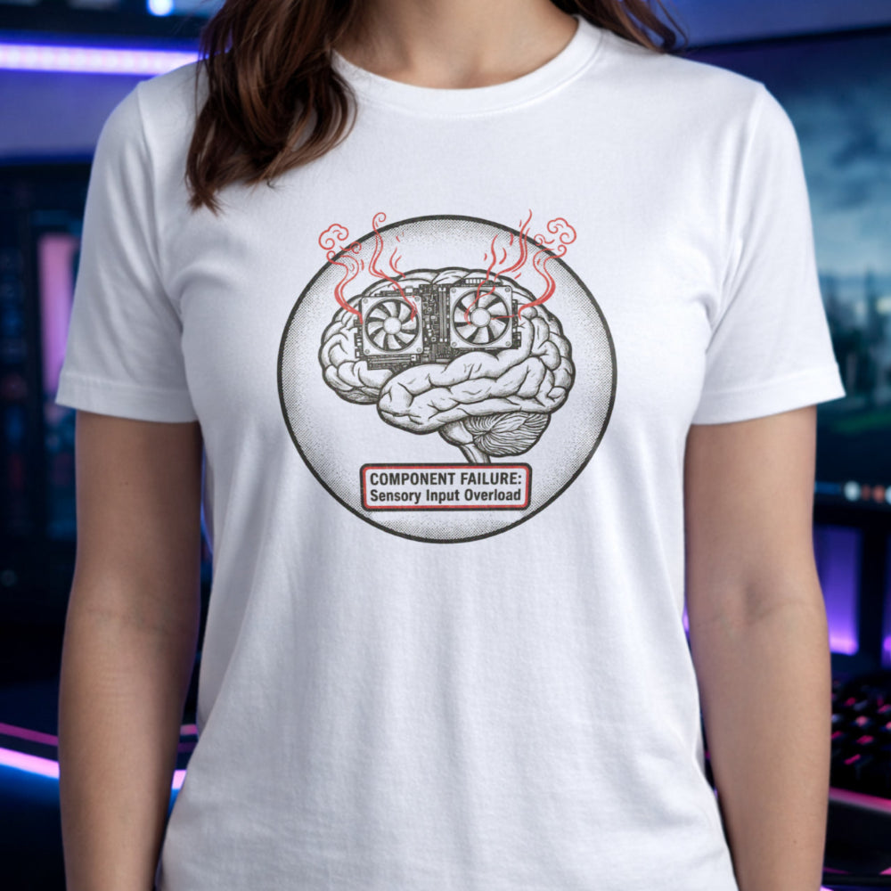 Translation missing: en.Alt n Vibe white t-shirt graphic with a smoking brain cooling unit reading COMPONENT FAILURE: Sensory Input Overload