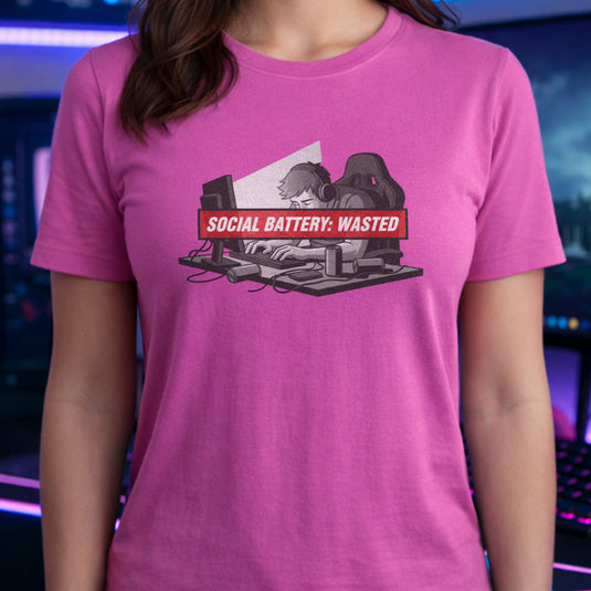 Translation missing: en.Azalea t-shirt with tired gamer slumping at desk with headphones  and red banner reading Social Battery: Wasted