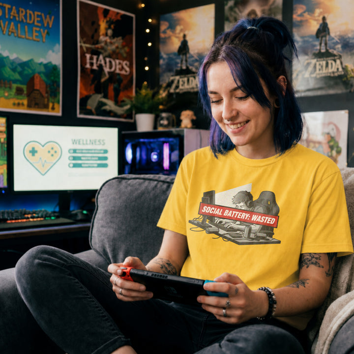 Translation missing: en.Daisy  t-shirt with tired gamer slumping at desk with headphones  and red banner reading Social Battery: Wasted