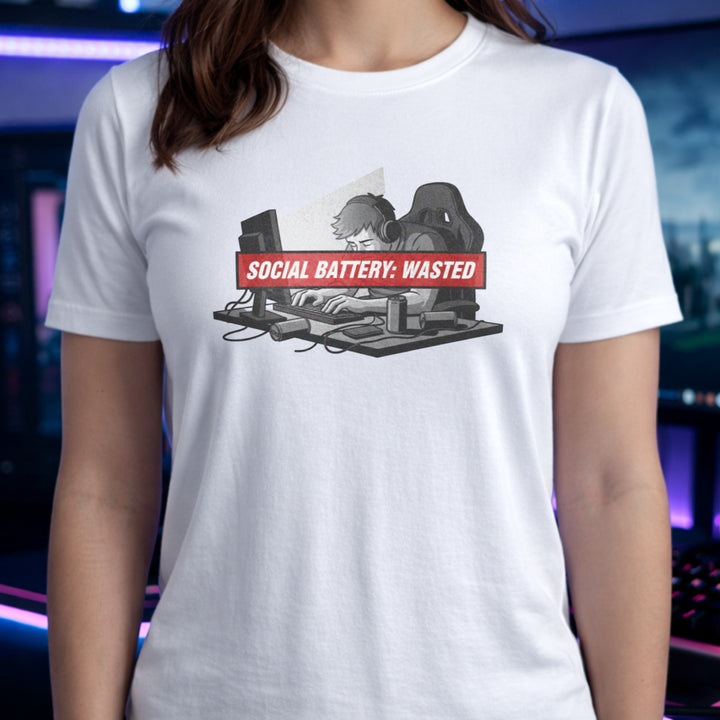 Translation missing: en.White t-shirt with tired gamer slumping at desk with headphones  and red banner reading Social Battery: Wasted