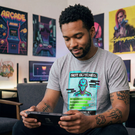 Translation missing: en.Sports grey men's heavy cotton t-shirt with pixel art cyborg stat card reading Not Glitched