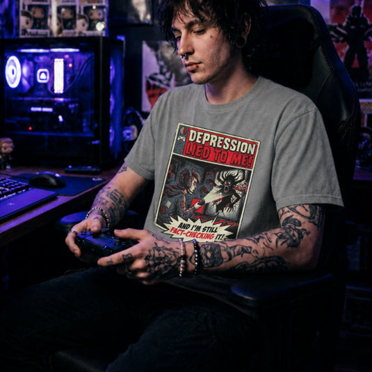 Translation missing: en.Vintage comic art sports grey gamer tee with text 'Depression lied to me, I'm still fact-checking it' shining light at monster