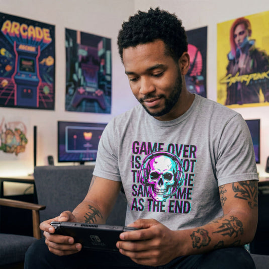 Translation missing: en.Sports grey t-shirt with a neon glitch skull wearing a headset and text Game Over Is Not The Same As The End