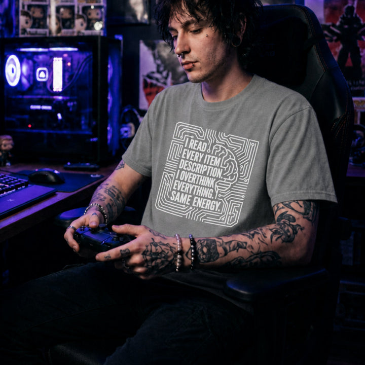 Translation missing: en.Sports grey t-shirt with circuit board brain graphic and text: I read every item description. I overthink everything